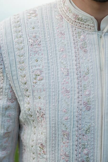 Sarab Khanijou White Bhagalpuri And Cotton Thread & Work Sherwani & Kurta Set Online at Aza Fashions Sarab Khanijou_White Bhagalpuri And Cotton Thread & Work Sherwani & Kurta Set _Online_at_Aza_Fashions