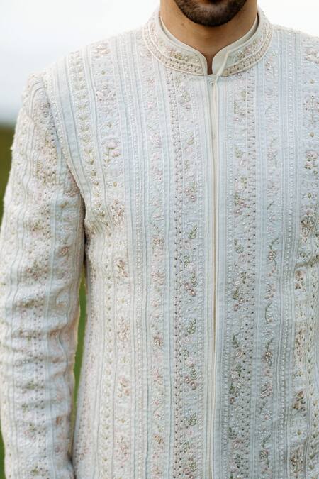 Buy Sarab Khanijou White Bhagalpuri And Cotton Thread & Work Sherwani & Kurta Set Online at Aza Fashions Buy_Sarab Khanijou_White Bhagalpuri And Cotton Thread & Work Sherwani & Kurta Set _Online_at_Aza_Fashions