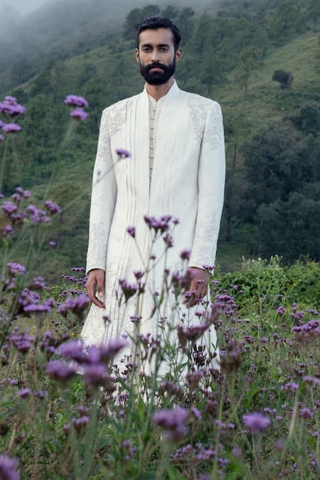 Buy_Sarab Khanijou_Off White Bhagalpuri And Cotton Thread Embroidery & Sherwani & Kurta Set_Online_at_Aza_Fashions