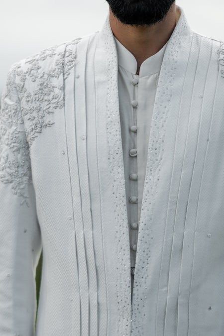 Shop_Sarab Khanijou_Off White Bhagalpuri And Cotton Thread Embroidery & Sherwani & Kurta Set_Online_at_Aza_Fashions
