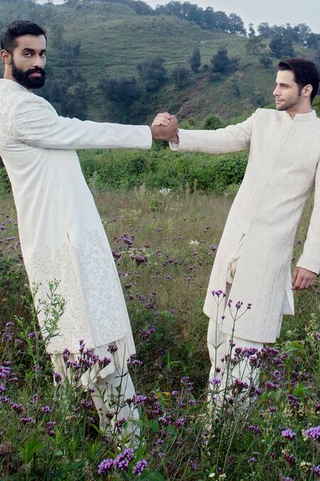 Sarab Khanijou White Organza And Cotton Silk Thread Embroidery & Sequin Sherwani & Kurta Set Online at Aza Fashions Sarab Khanijou_White Organza And Cotton Silk Thread Embroidery & Sequin Sherwani & Kurta Set _Online_at_Aza_Fashions