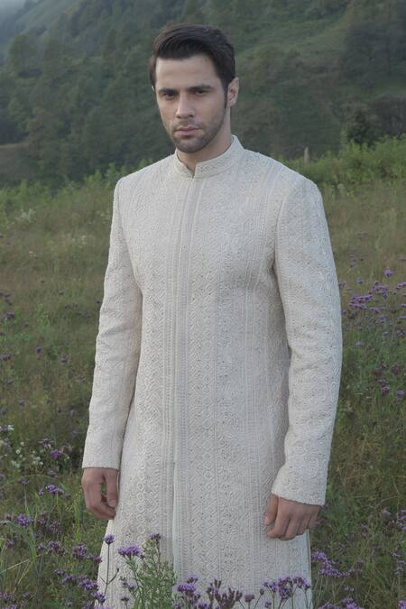 Buy_Sarab Khanijou_White Organza And Cotton Silk Thread Embroidery & Sequin Sherwani & Kurta Set _Online_at_Aza_Fashions