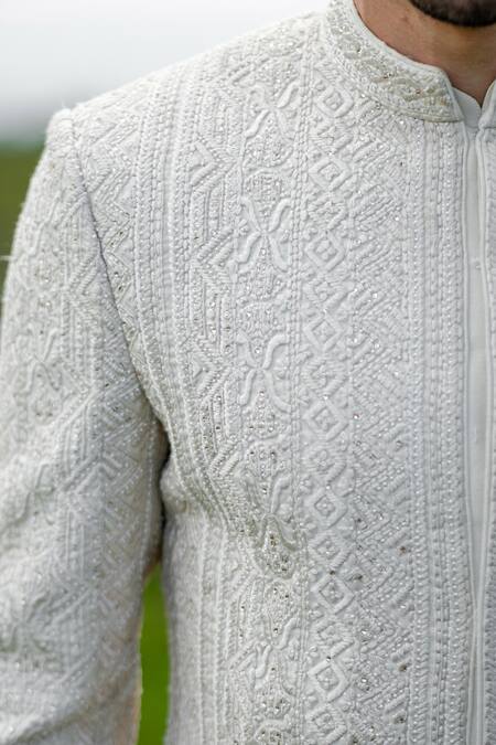 Shop Sarab Khanijou White Organza And Cotton Silk Thread Embroidery & Sequin Sherwani & Kurta Set Online at Aza Fashions Shop_Sarab Khanijou_White Organza And Cotton Silk Thread Embroidery & Sequin Sherwani & Kurta Set _Online_at_Aza_Fashions