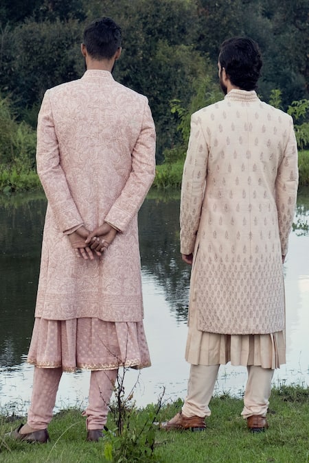 Shop Sarab Khanijou Pink Raw And Cotton Thread Embroidery & Beads Sherwani & Kurta Set at Aza Fashions Shop_Sarab Khanijou_Pink Raw And Cotton Thread Embroidery & Beads Sherwani & Kurta Set _at_Aza_Fashions