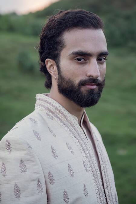 Sarab Khanijou Pink Raw And Cotton Thread Embroidery & Beads Sherwani & Kurta Set Online at Aza Fashions Sarab Khanijou_Pink Raw And Cotton Thread Embroidery & Beads Sherwani & Kurta Set _Online_at_Aza_Fashions