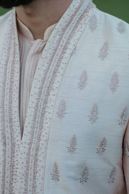 Buy Sarab Khanijou Pink Raw And Cotton Thread Embroidery & Beads Sherwani & Kurta Set Online at Aza Fashions Buy_Sarab Khanijou_Pink Raw And Cotton Thread Embroidery & Beads Sherwani & Kurta Set _Online_at_Aza_Fashions