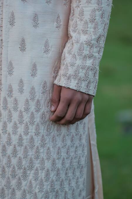 Shop Sarab Khanijou Pink Raw And Cotton Thread Embroidery & Beads Sherwani & Kurta Set Online at Aza Fashions Shop_Sarab Khanijou_Pink Raw And Cotton Thread Embroidery & Beads Sherwani & Kurta Set _Online_at_Aza_Fashions