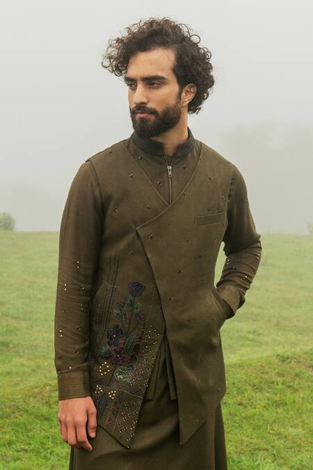 Buy Sarab Khanijou Green Moss Crepe Thread Embroidery, Bead And Sequin Bundi & Kurta Set Online at Aza Fashions Buy_Sarab Khanijou_Green Moss Crepe Thread Embroidery, Bead And Sequin Bundi & Kurta Set _Online_at_Aza_Fashions