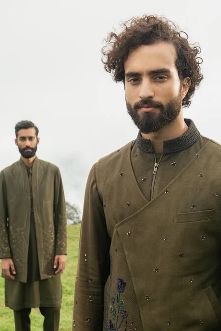 Shop Sarab Khanijou Green Moss Crepe Thread Embroidery, Bead And Sequin Bundi & Kurta Set Online at Aza Fashions Shop_Sarab Khanijou_Green Moss Crepe Thread Embroidery, Bead And Sequin Bundi & Kurta Set _Online_at_Aza_Fashions