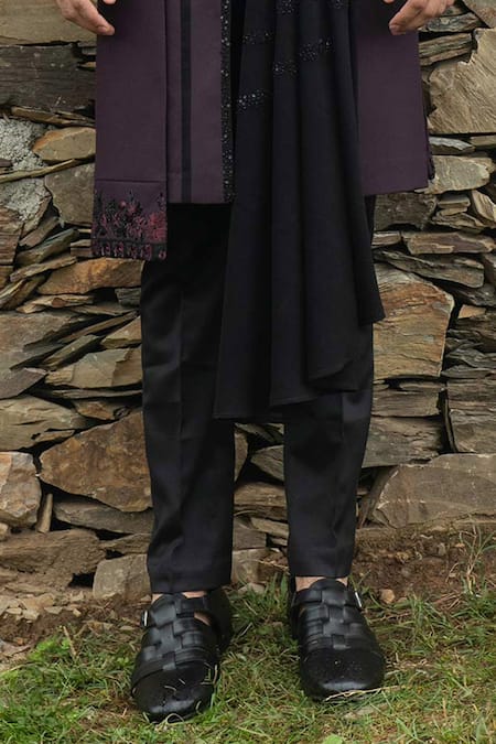Sarab Khanijou_Purple Cotton Silk Thread Embroidery, Bead And Sequin Sherwani & Kurta Set_at_Aza_Fashions
