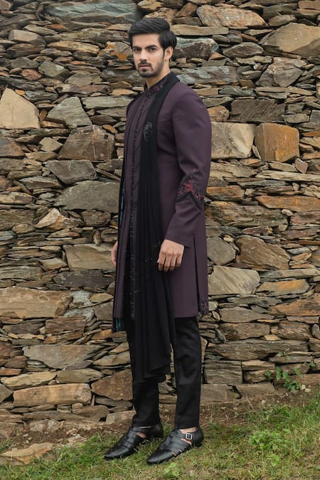 Sarab Khanijou_Purple Cotton Silk Thread Embroidery, Bead And Sequin Sherwani & Kurta Set_Online_at_Aza_Fashions
