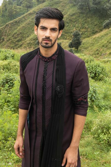 Buy_Sarab Khanijou_Purple Cotton Silk Thread Embroidery, Bead And Sequin Sherwani & Kurta Set_Online_at_Aza_Fashions