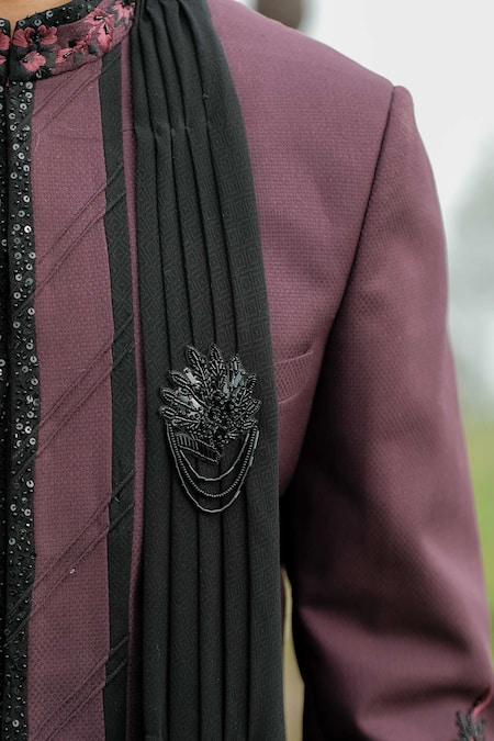 Shop_Sarab Khanijou_Purple Cotton Silk Thread Embroidery, Bead And Sequin Sherwani & Kurta Set_Online_at_Aza_Fashions