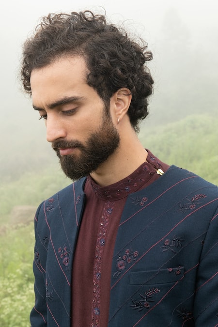 Shop Sarab Khanijou Purple Moss Crepe And Suiting Thread Jacket & Kurta Set at Aza Fashions Shop_Sarab Khanijou_Purple Moss Crepe And Suiting Thread Jacket & Kurta Set _at_Aza_Fashions