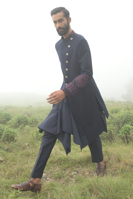 Sarab Khanijou_Blue Wool Suiting And Cotton Silk Thread Embroidery, Bead & Sherwani & Kurta Set_Online_at_Aza_Fashions
