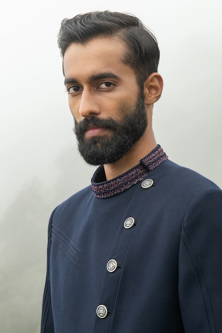 Buy_Sarab Khanijou_Blue Wool Suiting And Cotton Silk Thread Embroidery, Bead & Sherwani & Kurta Set_Online_at_Aza_Fashions