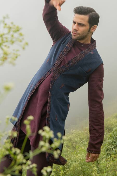 Sarab Khanijou_Blue Bhagalpuri Silk And Cotton Velvet Thread Embroidery & Work Jacket & Kurta Set _Online_at_Aza_Fashions