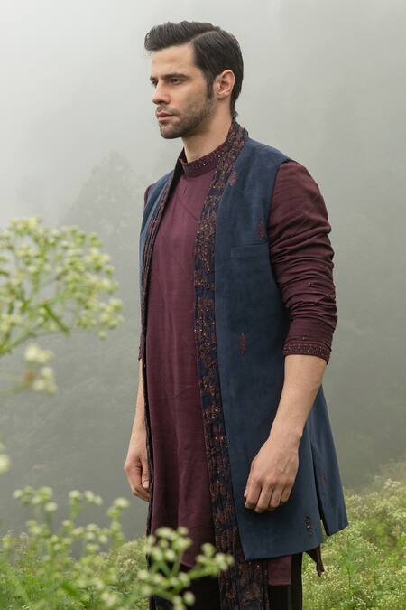 Buy_Sarab Khanijou_Blue Bhagalpuri Silk And Cotton Velvet Thread Embroidery & Work Jacket & Kurta Set _Online_at_Aza_Fashions