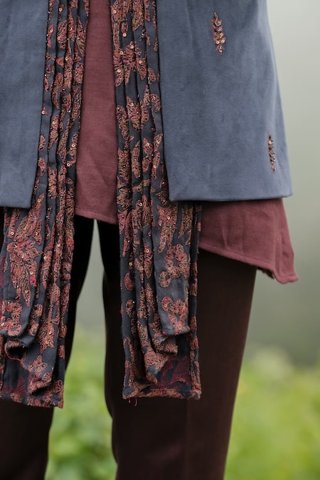 Shop_Sarab Khanijou_Blue Bhagalpuri Silk And Cotton Velvet Thread Embroidery & Work Jacket & Kurta Set _Online_at_Aza_Fashions