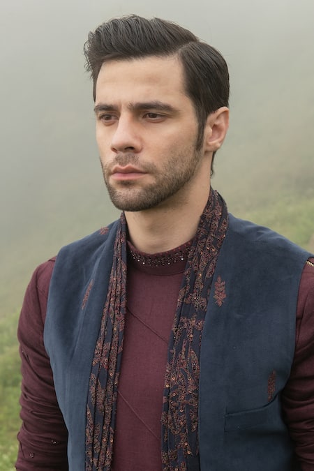 Sarab Khanijou_Blue Bhagalpuri Silk And Cotton Velvet Thread Embroidery & Work Jacket & Kurta Set _at_Aza_Fashions