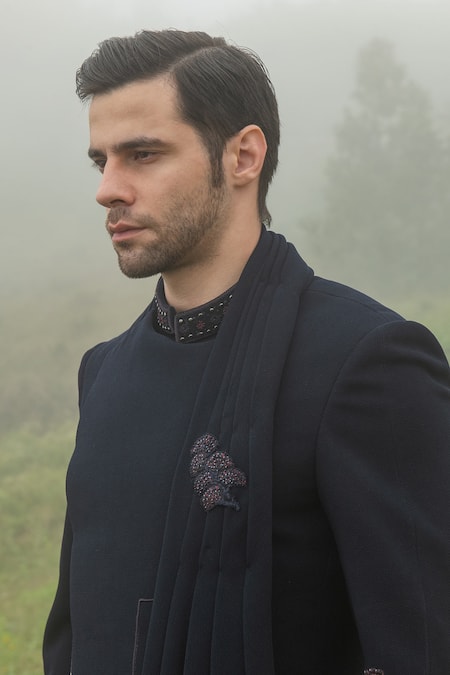 Sarab Khanijou Blue Viscose Lycra Thread Embroidery And Sequin Bandhgala Set Online at Aza Fashions Sarab Khanijou_Blue Viscose Lycra Thread Embroidery And Sequin Bandhgala Set _Online_at_Aza_Fashions