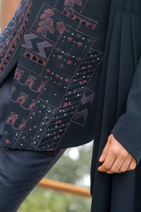 Buy Sarab Khanijou Blue Viscose Lycra Thread Embroidery And Sequin Bandhgala Set Online at Aza Fashions Buy_Sarab Khanijou_Blue Viscose Lycra Thread Embroidery And Sequin Bandhgala Set _Online_at_Aza_Fashions