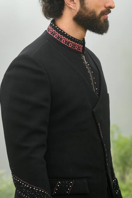 Sarab Khanijou_Black Viscose Lycra And Moss Crepe Thread Bundi & Kurta Set _Online_at_Aza_Fashions