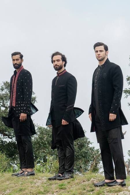 Buy_Sarab Khanijou_Black Viscose Lycra And Moss Crepe Thread Bundi & Kurta Set _Online_at_Aza_Fashions