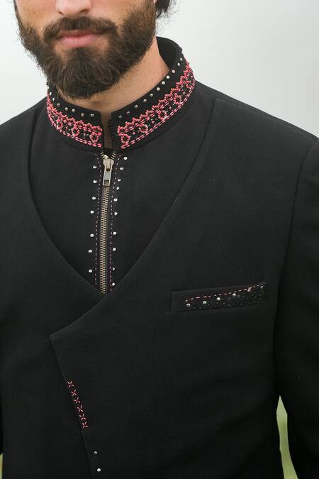 Shop_Sarab Khanijou_Black Viscose Lycra And Moss Crepe Thread Bundi & Kurta Set _Online_at_Aza_Fashions