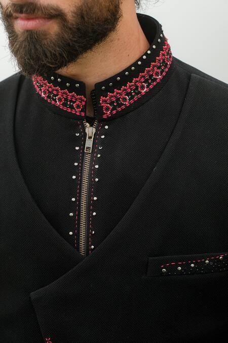 Sarab Khanijou_Black Viscose Lycra And Moss Crepe Thread Bundi & Kurta Set _at_Aza_Fashions