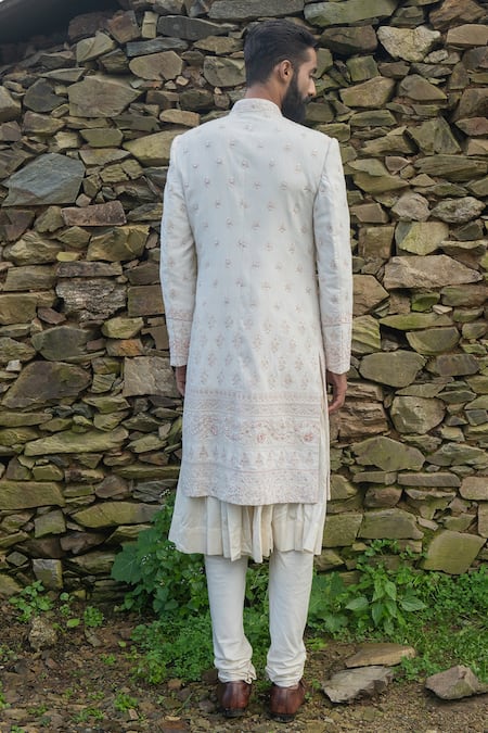 Shop Sarab Khanijou White Bhagalpuri And Cotton Thread & Work Sherwani & Kurta Set at Aza Fashions Shop_Sarab Khanijou_White Bhagalpuri And Cotton Thread & Work Sherwani & Kurta Set _at_Aza_Fashions