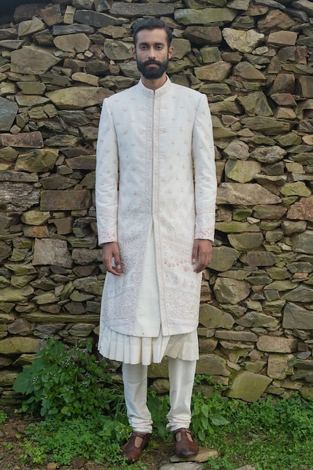 Sarab Khanijou White Bhagalpuri And Cotton Thread & Work Sherwani & Kurta Set Online at Aza Fashions Sarab Khanijou_White Bhagalpuri And Cotton Thread & Work Sherwani & Kurta Set _Online_at_Aza_Fashions