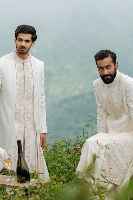 Buy Sarab Khanijou White Bhagalpuri And Cotton Thread & Work Sherwani & Kurta Set Online at Aza Fashions Buy_Sarab Khanijou_White Bhagalpuri And Cotton Thread & Work Sherwani & Kurta Set _Online_at_Aza_Fashions