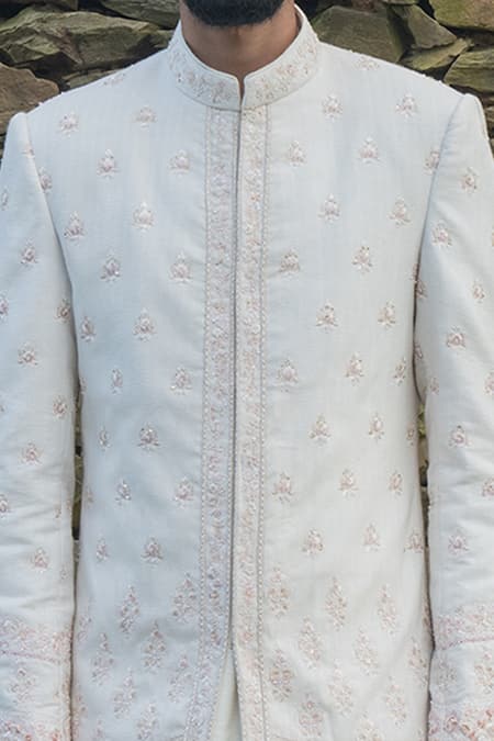 Shop Sarab Khanijou White Bhagalpuri And Cotton Thread & Work Sherwani & Kurta Set Online at Aza Fashions Shop_Sarab Khanijou_White Bhagalpuri And Cotton Thread & Work Sherwani & Kurta Set _Online_at_Aza_Fashions