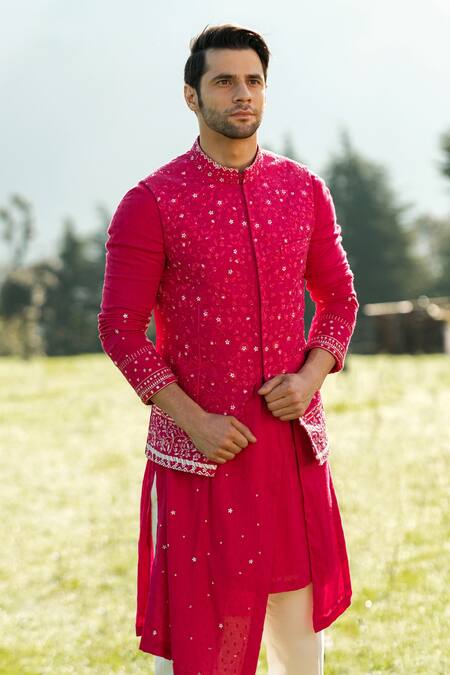 Sarab Khanijou Pink Raw , Moss Crepe And Cotton Thread Embroidery & Bundi & Kurta Set Online at Aza Fashions Sarab Khanijou_Pink Raw , Moss Crepe And Cotton Thread Embroidery & Bundi & Kurta Set _Online_at_Aza_Fashions