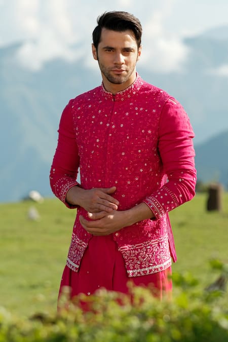 Buy Sarab Khanijou Pink Raw , Moss Crepe And Cotton Thread Embroidery & Bundi & Kurta Set Online at Aza Fashions Buy_Sarab Khanijou_Pink Raw , Moss Crepe And Cotton Thread Embroidery & Bundi & Kurta Set _Online_at_Aza_Fashions