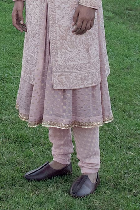 Sarab Khanijou_Pink Raw Silk And Georgette Thread Embroidery & Sequin Sherwani & Kurta Set_at_Aza_Fashions