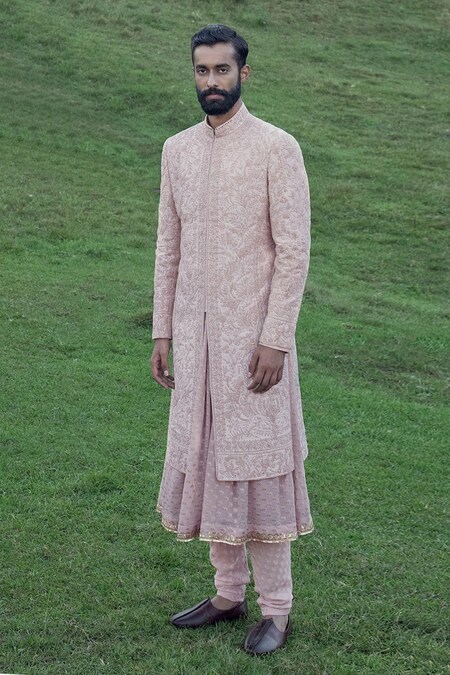 Sarab Khanijou Pink Raw Silk And Georgette Embroidery Thread Sherwani & Kurta Set 