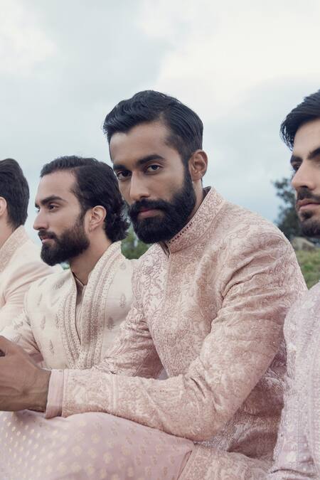 Buy_Sarab Khanijou_Pink Raw Silk And Georgette Thread Embroidery & Sequin Sherwani & Kurta Set_Online_at_Aza_Fashions