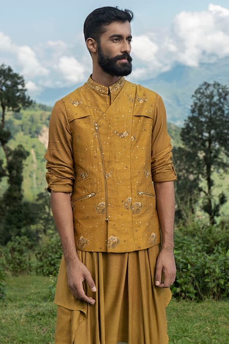 Buy_Sarab Khanijou_Yellow Bhagalpuri And Cotton Thread Embroidery & Bundi & Kurta Set_Online_at_Aza_Fashions