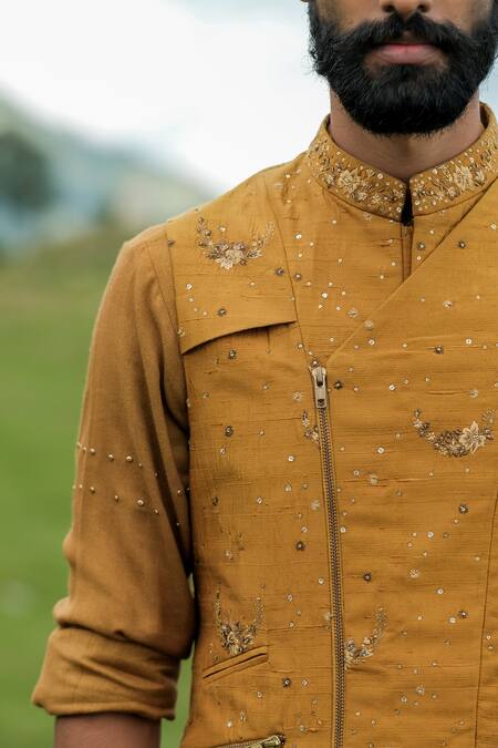 Shop_Sarab Khanijou_Yellow Bhagalpuri And Cotton Thread Embroidery & Bundi & Kurta Set_Online_at_Aza_Fashions