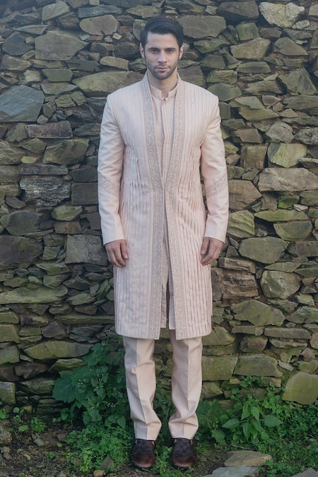 Sarab Khanijou Pink Raw And Cotton Thread & Sherwani & Kurta Set