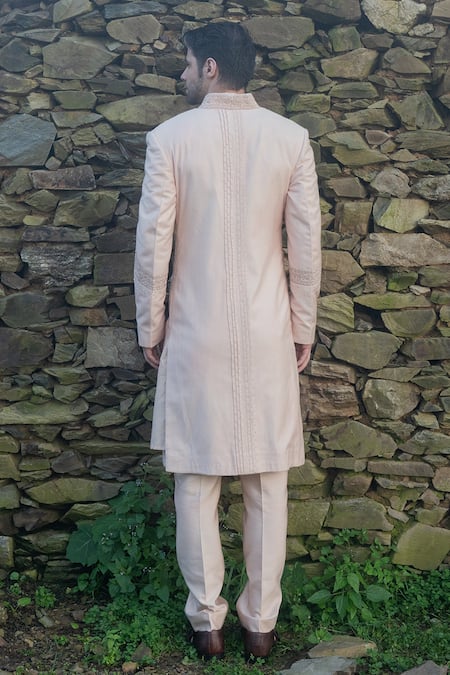 Shop Sarab Khanijou Pink Raw And Cotton Thread Embroidery & Sequin Sherwani & Kurta Set at Aza Fashions Shop_Sarab Khanijou_Pink Raw And Cotton Thread Embroidery & Sequin Sherwani & Kurta Set _at_Aza_Fashions
