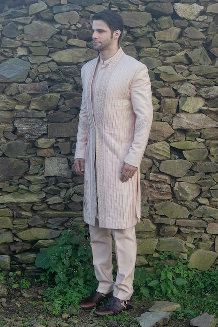 Sarab Khanijou Pink Raw And Cotton Thread Embroidery & Sequin Sherwani & Kurta Set Online at Aza Fashions Sarab Khanijou_Pink Raw And Cotton Thread Embroidery & Sequin Sherwani & Kurta Set _Online_at_Aza_Fashions