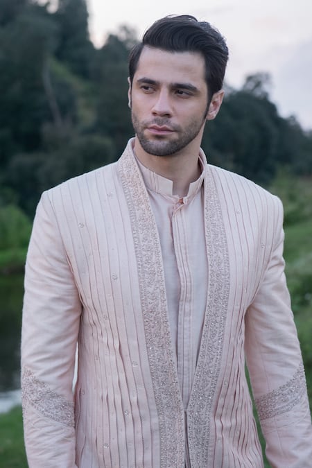 Buy Sarab Khanijou Pink Raw And Cotton Thread Embroidery & Sequin Sherwani & Kurta Set Online at Aza Fashions Buy_Sarab Khanijou_Pink Raw And Cotton Thread Embroidery & Sequin Sherwani & Kurta Set _Online_at_Aza_Fashions