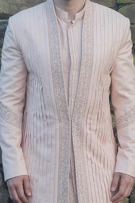 Shop Sarab Khanijou Pink Raw And Cotton Thread Embroidery & Sequin Sherwani & Kurta Set Online at Aza Fashions Shop_Sarab Khanijou_Pink Raw And Cotton Thread Embroidery & Sequin Sherwani & Kurta Set _Online_at_Aza_Fashions