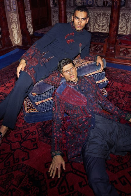 Shop Sarab Khanijou Blue Sandwash Embroidery Floral And Geometric Kurta & Pant Set at Aza Fashions Shop_Sarab Khanijou_Blue Sandwash Embroidery Floral And Geometric Kurta & Pant Set _at_Aza_Fashions