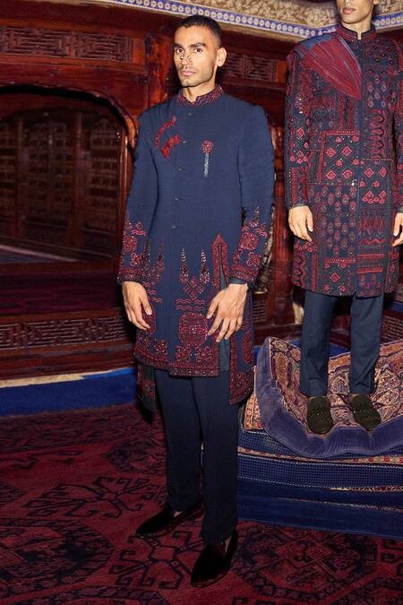 Sarab Khanijou Blue Sandwash Embroidery Floral And Geometric Kurta & Pant Set Online at Aza Fashions Sarab Khanijou_Blue Sandwash Embroidery Floral And Geometric Kurta & Pant Set _Online_at_Aza_Fashions