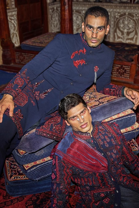 Shop Sarab Khanijou Blue Sandwash Embroidery Floral And Geometric Kurta & Pant Set Online at Aza Fashions Shop_Sarab Khanijou_Blue Sandwash Embroidery Floral And Geometric Kurta & Pant Set _Online_at_Aza_Fashions