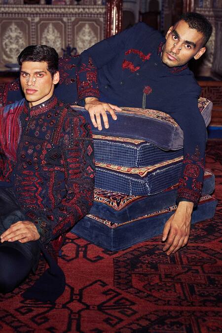 Sarab Khanijou Blue Sandwash Embroidery Floral And Geometric Kurta & Pant Set at Aza Fashions Sarab Khanijou_Blue Sandwash Embroidery Floral And Geometric Kurta & Pant Set _at_Aza_Fashions